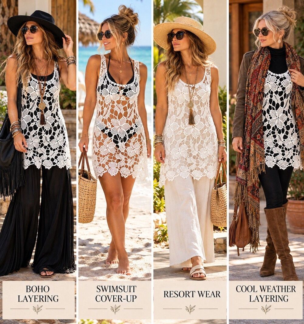 Missa Ivory Crochet Lace Tunic/ Mini Dress Cover Up Size L Boho Layering Cute!